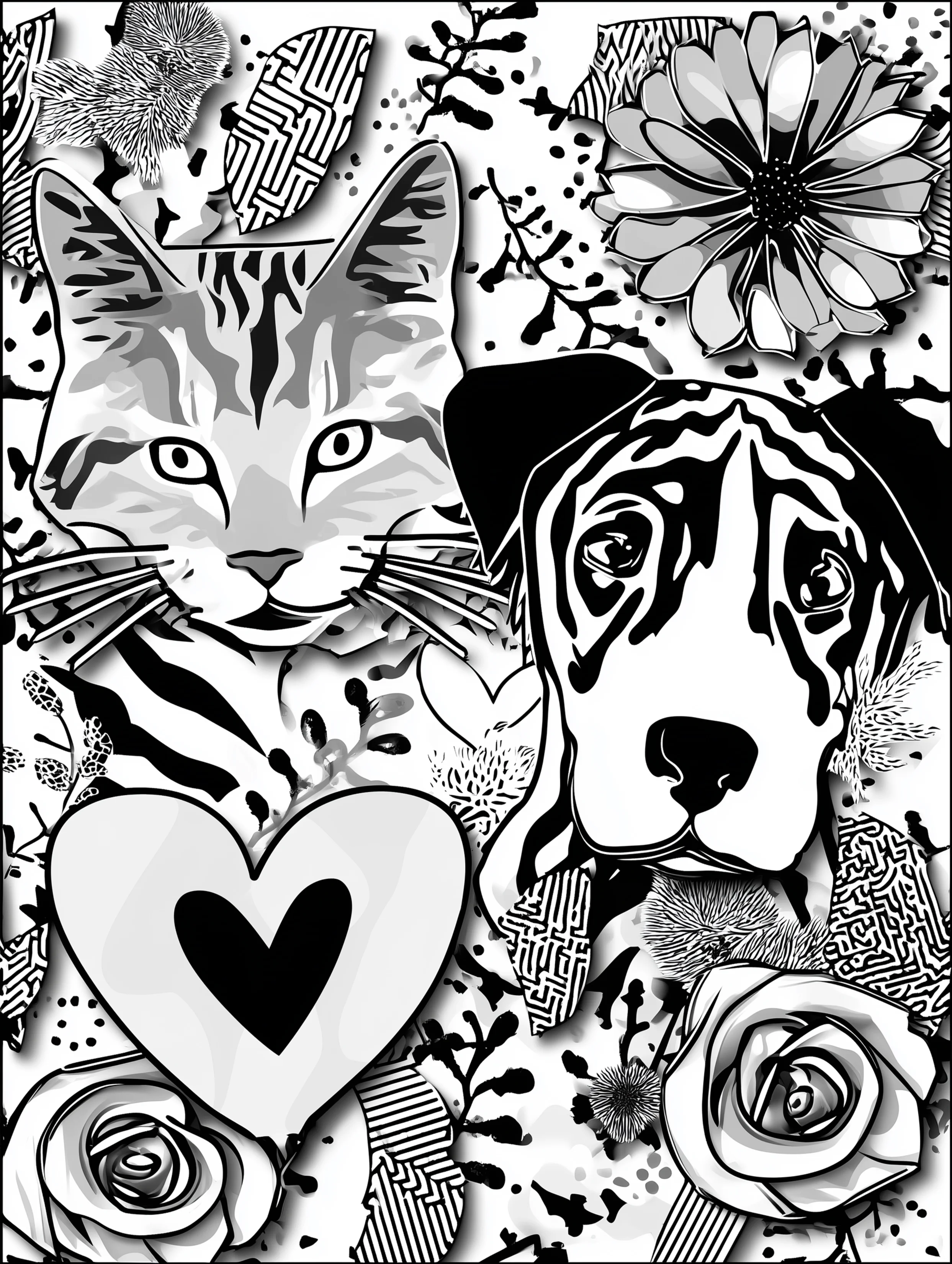 Free printable coloring page for adults featuring a cat and dog with hearts